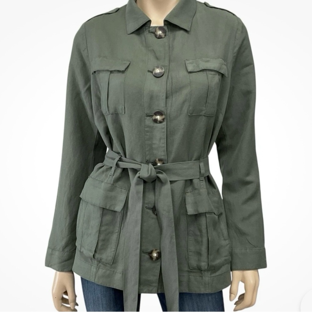 J Jill Jacket Women's Petite Green Blazer Utility Military Linen Blend